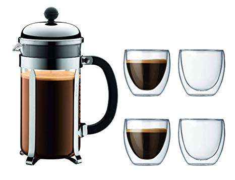 Bodum Chambord French Press Coffee Maker, 34 Ounce, 1 Liter, Chrome Plus 4 Pavina Double Wall Clear Glasses 2.5 oz, Set