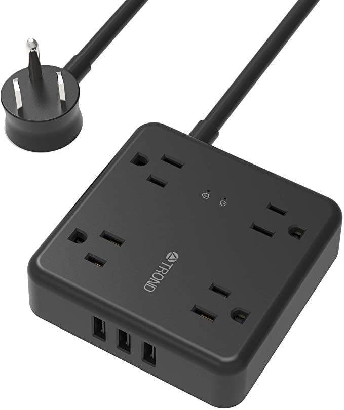 TROND Surge Protector Power Strip with USB, 4 Widely-Spaced AC Outlets, 3 USB Charging Ports, 1440 Joules, Flat Plug, Wall Mount, 5ft Extension Cord, Black