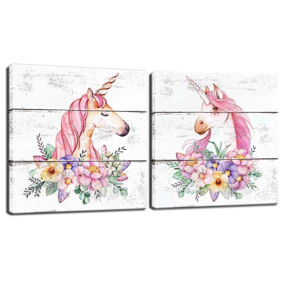 BOLUO Unicorn Wall Art for Girls Room Rustic Canvas Painting Framed Prints Flower Pictures Artwork Nursery Children Kids Bedroom Decor Pink 12x12 Inch (Set of 2)
