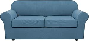 H.VERSAILTEX 3 Piece Stretch Sofa Covers for 2 Cushion Sofa Couch Covers for Living Room Furniture Cover (Base Cover Plus 2 Seat Cushion Covers) Thicker Jacquard Fabric(Large Sofa, Dusty Blue)