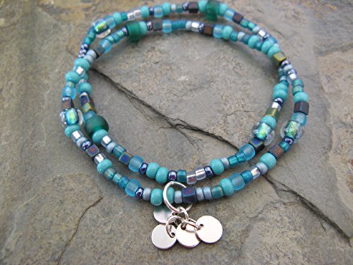 Artisan Tropical Blues Stretch Bracelet Set with Dangling Disk Charm Glass Beaded