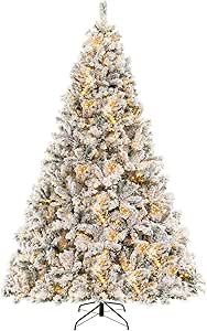 Goplus 3-Minute-Setup Pre-Lit Snow Flocked Christmas Tree, 8ft Artificial Hinged Xmas Tree with 600 Warm-White LED Lights, 1370 Branch Tips, Upgraded Metal Stand, for Office Home Holiday Decor