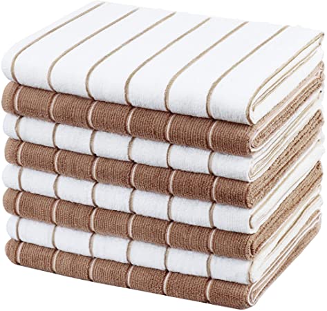 Gryeer Microfiber Dish Cloths, Stripe Designed Kitchen Dishcloths, Soft and Super Absorbent Cleaning Cloths, Pack of 8, 12 x 12 Inch, Brown and White