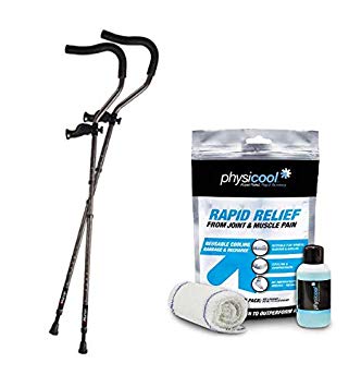 in-Motion Pro Ergonomic Foldable Crutches | Size Tall (5'7" - 6'10") | Charcoal Grey Plus Physicool Combination Pack A-Bandage and 5oz Coolant