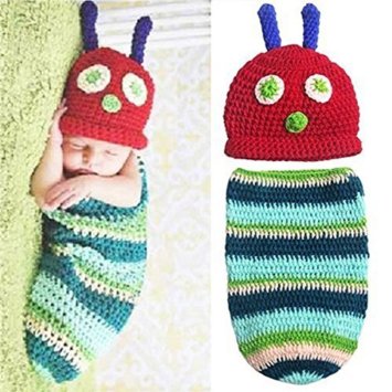 Kalevel Cute Cartoon Caterpillar Style Infant Newborn Baby Girl Boy Crochet Beanie Hat Clothes Baby Photograph Props