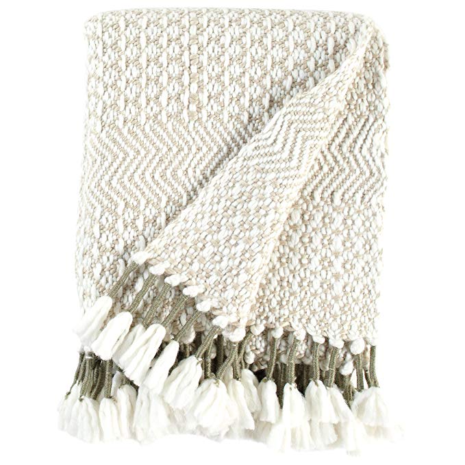 Rivet Modern Hand-Woven Stripe Fringe Throw Blanket, Soft and Stylish, 50" x 60", Tan, Ivory