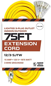 75 Foot Lighted Outdoor Extension Cord with 3 Electrical Power Outlets - 12/3 SJTW Heavy Duty Yellow Extension Cable with 3 Prong Grounded Plug for Safety