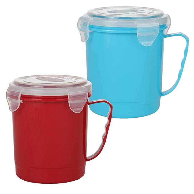 Home-X - Microwave Soup Mug Set with Secure Snap Close Vented Lids, 22 oz Mugs Allow You to Heat and Eat Soups, Noodles, Hot Cereal and More in a Single Container, Set of 2, Red and Blue