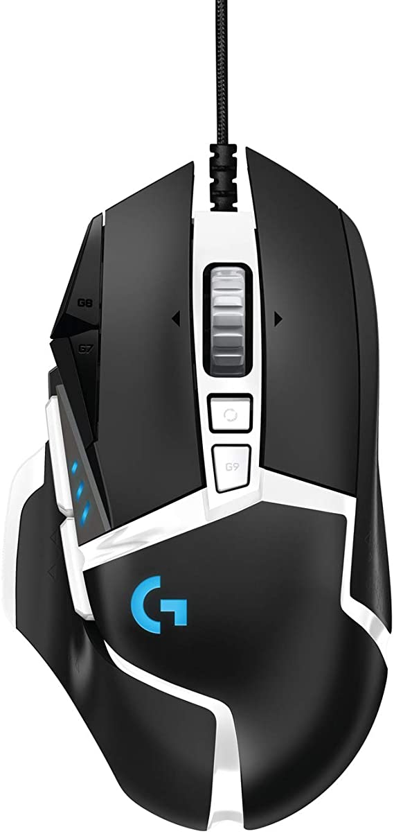 Logitech G502 Hero High Performance Gaming Mouse Special Edition, Hero 16K Sensor, 16 000 DPI, RGB, Adjustable Weights, 11 Programmable Buttons, On-Board Memory, PC/Mac - German Pack - Black/White