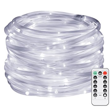 LE LED Dimmable Rope Lights, Battery Powered 33ft 120 LED 8 Modes with Timer, Waterproof String Lights for Garden Patio Party Christmas Thanksgiving Outdoor Decoration, Daylight White