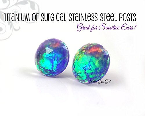 10mm Faceted Purple Fire Opal Studs - Crystal Prism Rainbow Earrings - Titanium or Surgical Stainless Steel Posts Nickel Free - Mardi Gras Carnival Earrings - Aqua Green Blue Red
