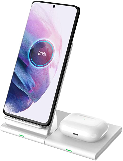 Hoisan Wireless Charger, 2 in 1 Fast Charging Station Compatible with iPhone 12/12 Pro Max/11 Pro/XS/XR/8/Airpods Pro, Dual Charger Stand for Samsung S20 Fe/S10/Note 20, Galaxy Watch/Buds Live White
