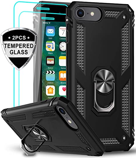 LeYi iPhone SE 2020 Case with Tempered Glass Screen Protector [2 Pack], [Military Grade] Protective Phone Case with Magnetic Car Mount Ring Kickstand for Apple iPhone SE 2nd Generation (2020), Black