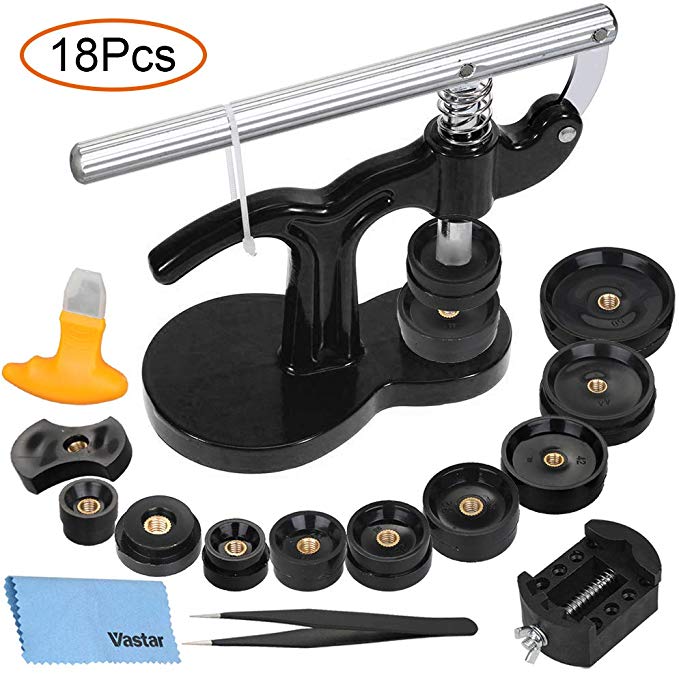 Vastar 18Pcs Watch Press Set with Tweezers, Case Opener Cookware, Fixed Base and Accessory Mold for More Compact Maintenance and Battery Replacement on The Back of The Watch, Including User Manual