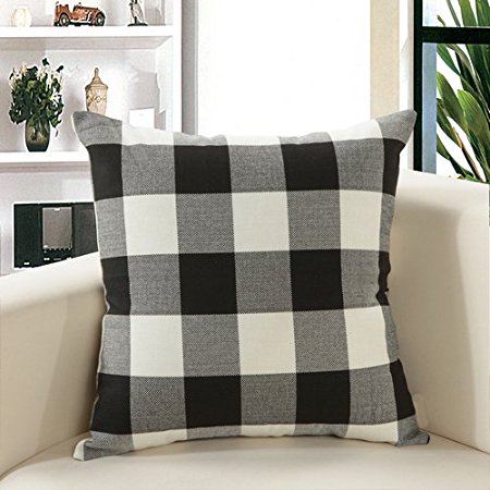 MochoHome Linen Plaid Checkered Square Decorative Throw Pillow Cover Case Pillowcase Cushion Sham - 20" x 20", Black/White