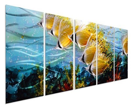 Tropical Sea School of Fish Metal Wall Art Decor - Large Modern Ocean Artwork Set of 5 - 64"x24"