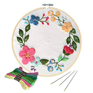Unime Full Range of Embroidery Starter Kit with Partten, Cross Stitch Kit Including Embroidery Cloth with Color Pattern, Bamboo Embroidery Hoop, Color Threads, and Tools Kit (Floral Hoop)