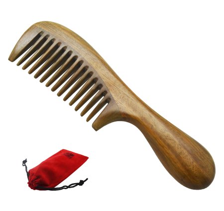 Meta-C Round Thickening Handle Natural Green Sandal Wood Comb (Wide teeth)