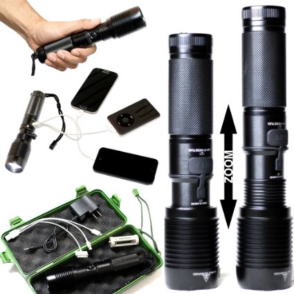 ULTRA BRIGHT | 1,600 LUMEN | XM-L U2 CREE LED Flashlight | 5 Modes | 7.5" | Zoomable | USB Charging Port | Rechargeable (BLK USB NO-BATTERY)