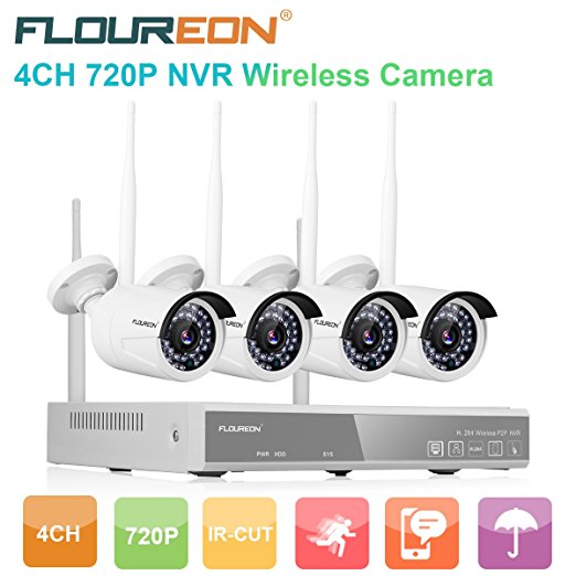 Floureon 4CH 1080P Wireless CCTV DVR Camera Security System 4x 720P Outdoor Waterproof IP Camera WIFI WLAN Camera Security Video Recorder NVR Kit