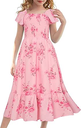 GRACE KARIN Girls Floral Dress Flutter Sleeve Square Neck Tiered Midi Dress Smocked Flared A-line Dress 5-12Y