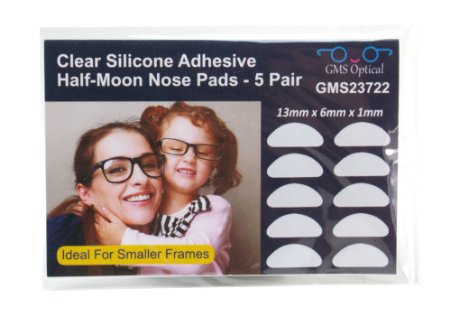 GMS Optical Premium Silicone 3M Adhesive Half Moon Nose Pads 13mm x 6mm - Ideal for Smaller Frames 5 Pair Clear
