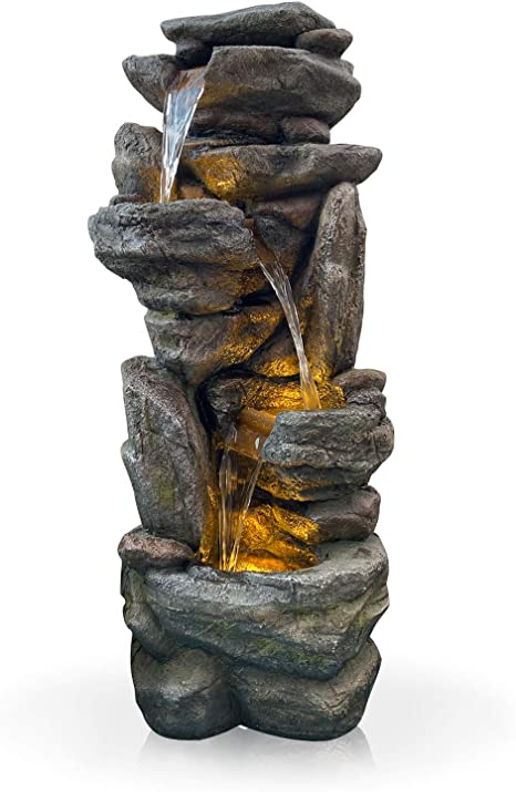 GF Gardenfans Natural Looking Stone Fountain Outdoor Water Fountain with LED Lights Resin Fountain Decor for Garden Patio Fold Courtyard Deck 16.5〃 L x 12.5〃 W x 39.5〃 H