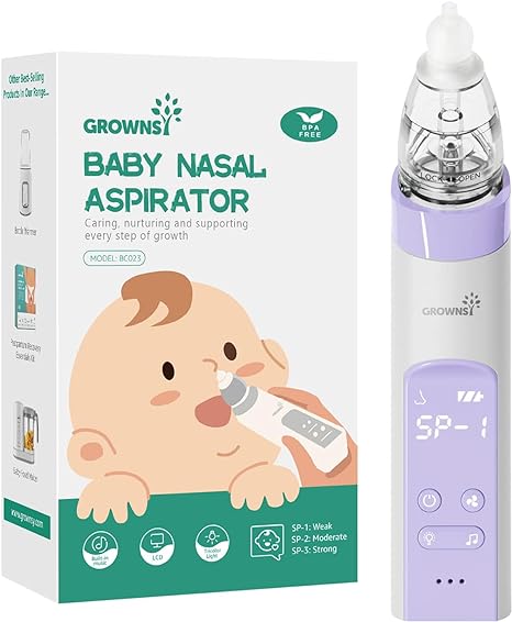 GROWNSY Nasal Aspirator for Baby, Electric Baby Nose Sucker, Automatic Nose Cleaner with 3 Silicone Tips, Adjustable Suction Level, Music and Light Soothing Function, Purple