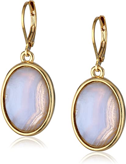 1928 Jewelry "Semi-Precious Collection" 14k Gold Dipped Oval Drop Earrings