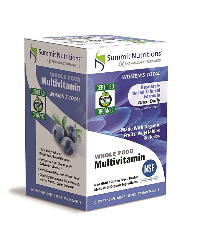 Summit Nutritions Once A Daily Multi Vitamins and Mineral:Certified Organic: Vegan Kosher Wholefood Multivitamins: Gluten Free: Total Organ Support: 30 Count:Can be taken EMPTY STOMACH: Made In The USA (Women's Total, 30 Vegetarian Tablets)