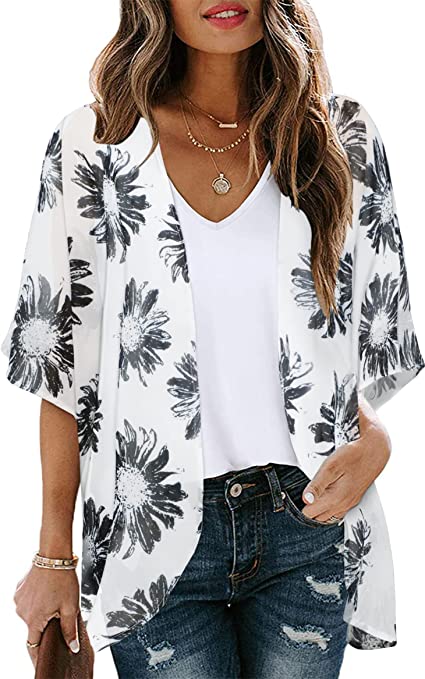 Women's Floral Print Puff Sleeve Kimono Cardigan Loose Cover Up Casual Blouse Tops