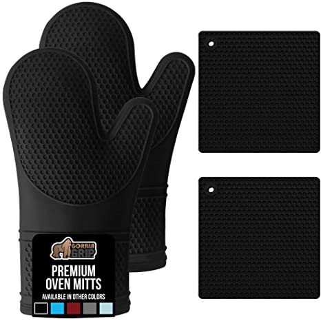 Gorilla Grip Premium Silicone Oven Mitt and Pot Holder 4 Piece Set, Includes 2 Soft Slip Resistant Flexible Kitchen Cooking Mitts and Trivet Mats, Gloves and Potholders for Use on Hot Surfaces, Black