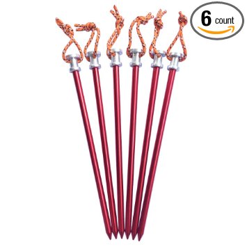 Tripmas 6 Pack Solid Aluminum Tent Stakes with Pull Cords & Pouch, 1.1 oz