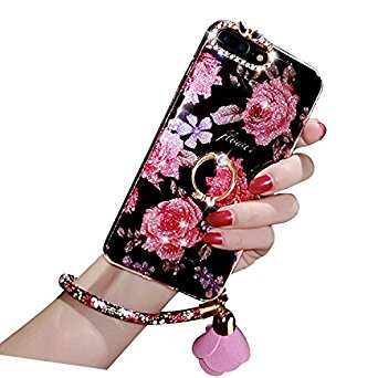 Diamond iPhone 7 Plus Case, iPhone 7 Plus Cover, Bonice Bling Glitter Luxury Crystal Rhinestone Soft Rubber Bumper Full Body Case with 360 Ring Stand Holder for iPhone 7 Plus - Flower 02