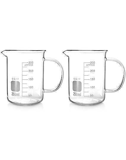 QWORK 250ml Beaker Mug with Handle, Borosilicate Glass Measuring Cup, 2 Pack