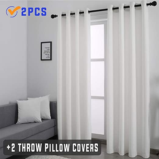 WdFour Super Soft Luxury Velvet Curtain with 2 Pillow Cases ,Energy Efficient Grommet Curtain Window Drapes for Living Room , 52W x 96L ,2 Panels, White