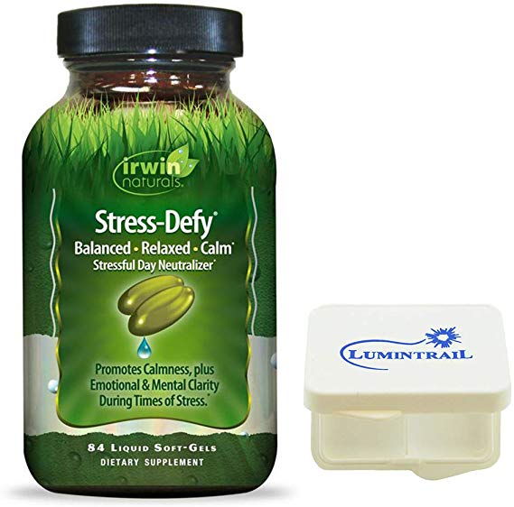 Irwin Naturals Stress Defy, Balanced Relaxed Calm, Promotes Clarity 84 - Liquid Softgels Bundle with a Lumintrail Pill Case