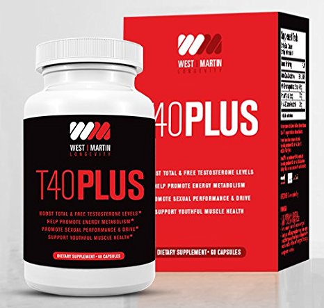 Testosterone Booster Dietary Supplement T40PLUS - All Natural, Effective Formula - Boosts Total & Free Testosterone Levels - Promotes Muscle Growth - Enhances Sex Drive - Increases Stamina & Energy