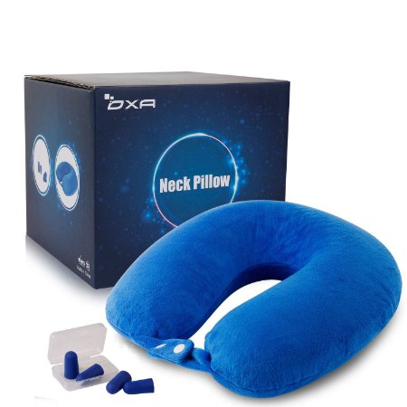 OXA Memory Foam Travel Neck Pillow With 2 Pair of Earplugs, Double Buckcle, Dark Blue