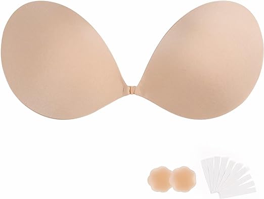 digitharbor StickyAdhesive Bra Strapless Invisible Push up Silicone Bra for Backless Dress with Nipple Covers- C Cup Beige