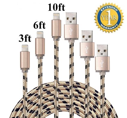Lampa 3 Pack 3ft 6ft 10ft Nylon Braided USB to Lightning Cable for iPhone iPad and iPod