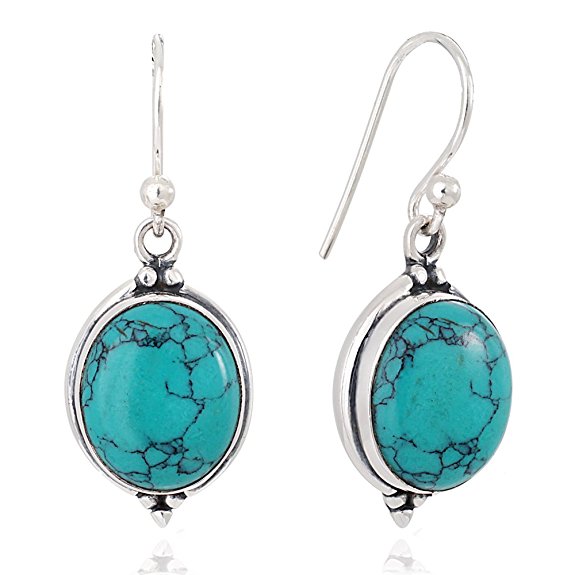 925 Oxidized Sterling Silver Natural Gemstone Oval Shaped Vintage Dangle Hook Earrings 1.3"