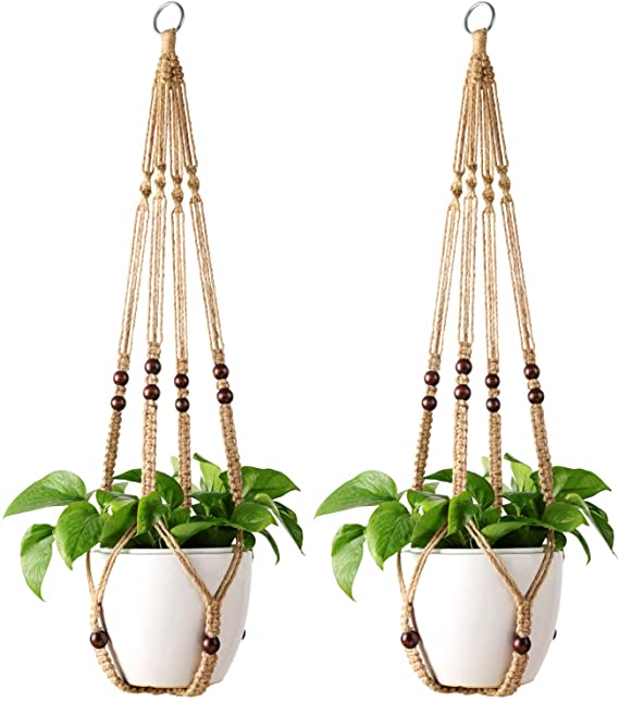 Mkono 2 Pack Macrame Plant Hangers Indoor Hanging Planter Basket Decorative Flower Pot Holder Jute Rope with Beads No Tassels for Indoor Outdoor Home Decor, 35 Inch