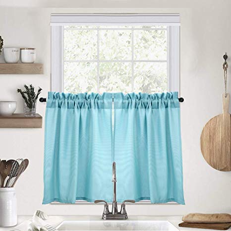 IDEALHOUSE Blue Gray Tier Curtains,Waffle Woven Textured Short Window Curtain for Cafe,Bathroom,Kitchen & Kids Bedroom Rod Pocket Curtains(2 Panels, 30Inch Wide by 30Inch Long)