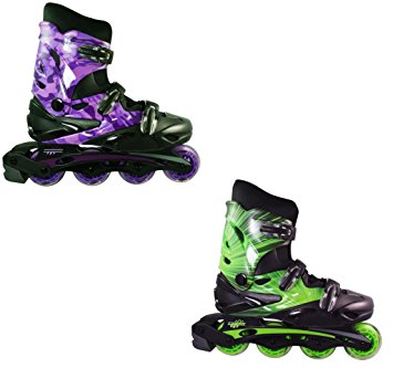 Linear Inline Skates for Adults and Kids in-line roller skate blades | Pain-Free True-Fit | Non-slip wheels | for Men, Women, Boys, Girls (Green Lazer, Purple Camo)