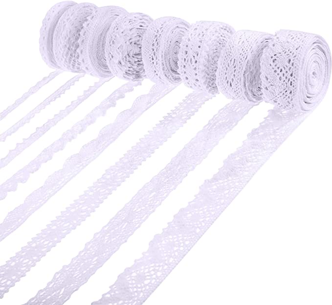 40 Yards Cotton Lace Trim Vintage Lace Ribbon Crochet Lace Scalloped Edge for Bridal Wedding Decoration Christmas Package DIY Sewing Craft Supply, 5 Yards Each, 8 Styles (White)