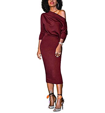 Women's Sexy Half Sleeve Ruched One Shoulder Office Bodycon Party Midi Pencil Dress