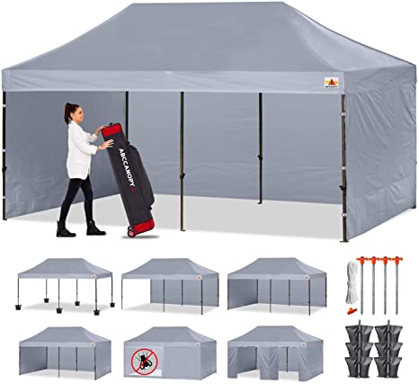 ABCCANOPY Canopy Tent Popup Canopy 10x20 Pop Up Canopies Commercial Tents Market stall with 6 Removable Sidewalls and Roller Bag Bonus 4 Weight Bags and 10ft Screen Netting and Half Wall, Gray