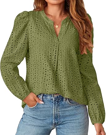 MEROKEETY Women's Hollow Out Lace Blouse Eyelet Embroidery Puff Long Sleeve V Neck Fall Boho Top Shirts