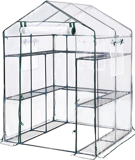 KING BIRD Upgraded Walk-in Greenhouse for Outdoors, Thickened PE Cover & Heavy Duty Powder-Coated Steel, w/ Zippered Mesh Door & Screen Windows, 14 Sturdy Shelves for Garden, 4.7 x 4.7 x 6.4 FT, Clear